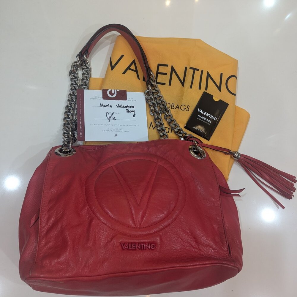 MARIO BY MARIO VALENTINO LUISA 2 FLAME RED LEATHER SIGNATURE SHOULDER BAG